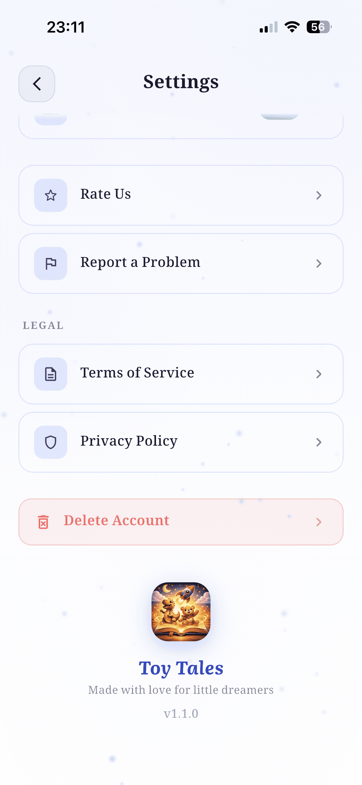 Settings screen showing the Delete Account button