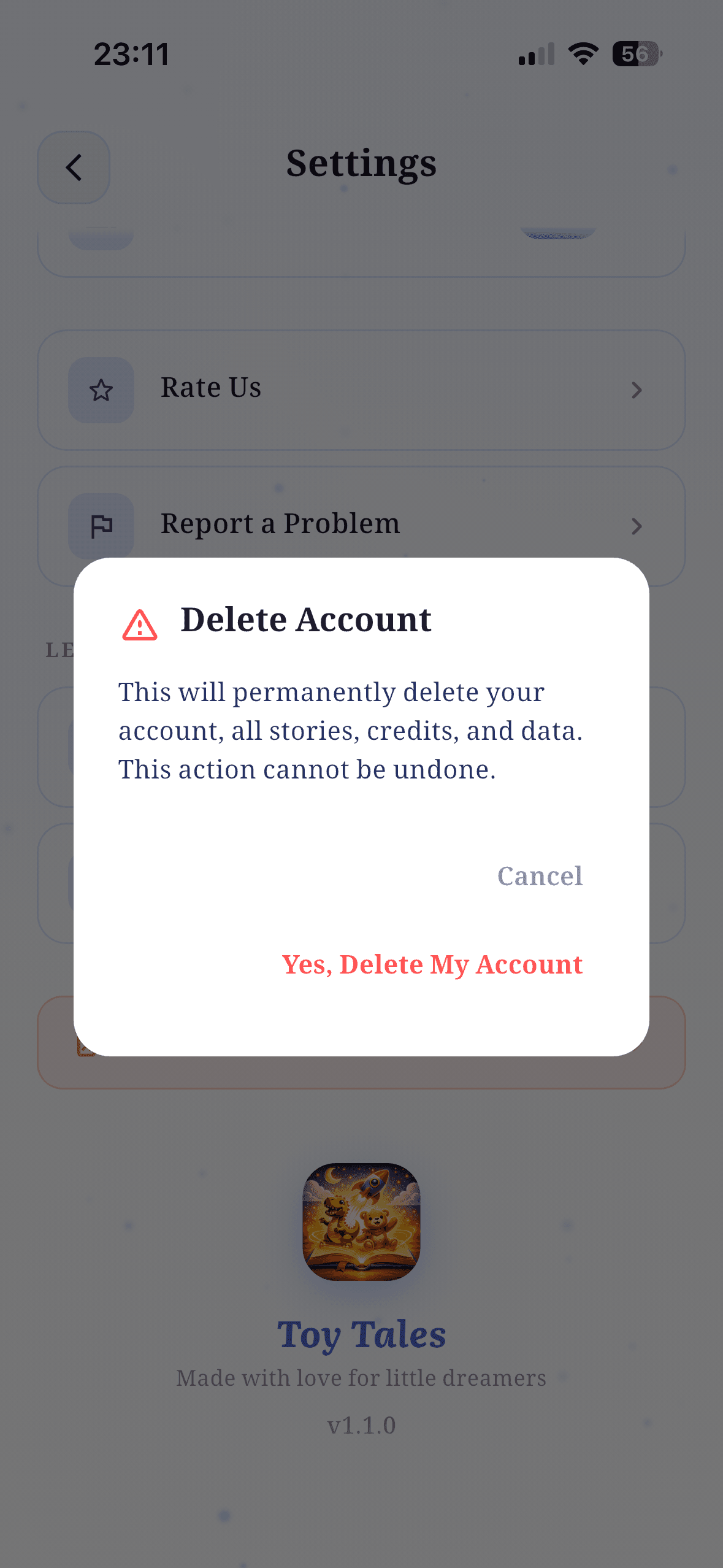 Delete Account confirmation dialog